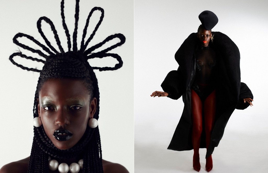 Two portraits of a Black fashion model with unique braids and avant-garde couture against a white backdrop in a studio setting.