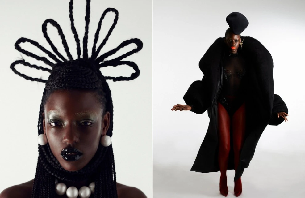 Two portraits of a Black fashion model with unique braids and avant-garde couture against a white backdrop in a studio setting.