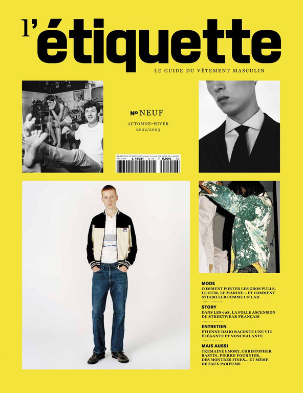 Front cover of L'Étiquette magazine featuring male fashion, articles on style, stories, and interviews on a yellow background.