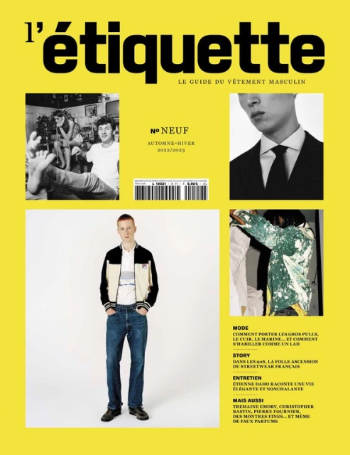 Front cover of L'Étiquette magazine featuring male fashion, articles on style, stories, and interviews on a yellow background.
