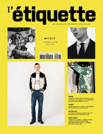 Front cover of L'Étiquette magazine featuring male fashion, articles on style, stories, and interviews on a yellow background.
