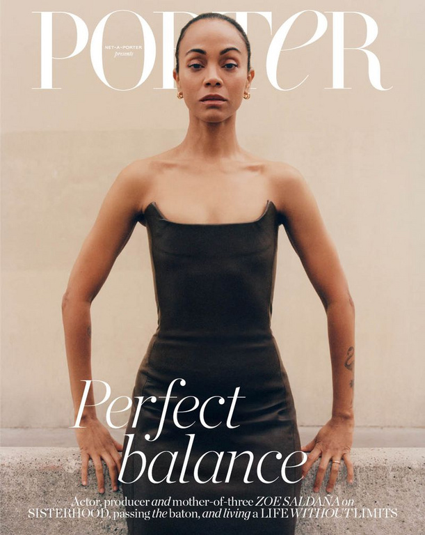 Zoe Saldana poses in a strapless dress on the cover of Porter magazine, highlighting fashion editorial photography and celebrity lifestyle.