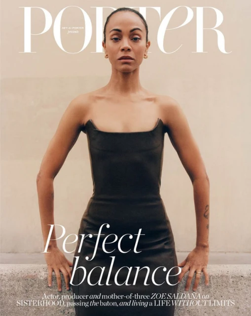 Zoe Saldana poses in a strapless dress on the cover of Porter magazine, highlighting fashion editorial photography and celebrity lifestyle.