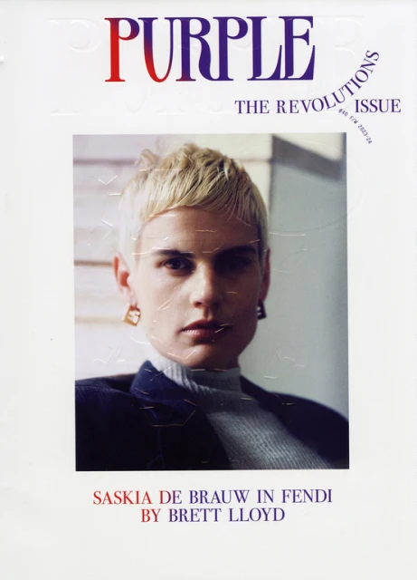 Fashion magazine cover featuring Saskia de Brauw in Fendi with a focus on portraiture, style, and editorial design, set indoors.