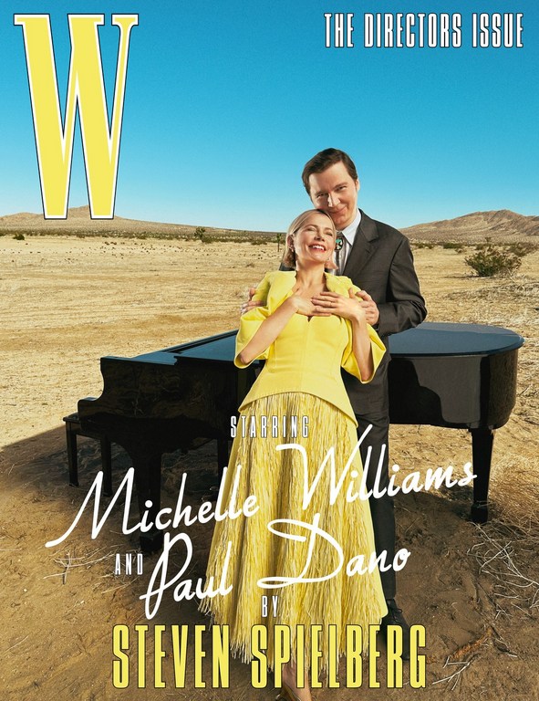 Michelle Williams and Paul Dano pose with a piano in the desert for W Magazine's 'The Directors Issue,' under Steven Spielberg's direction.