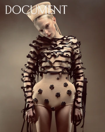 Fashion editorial shot of a woman with pale skin wearing a beige bodysuit with black ribbon detailing on a brown studio background.