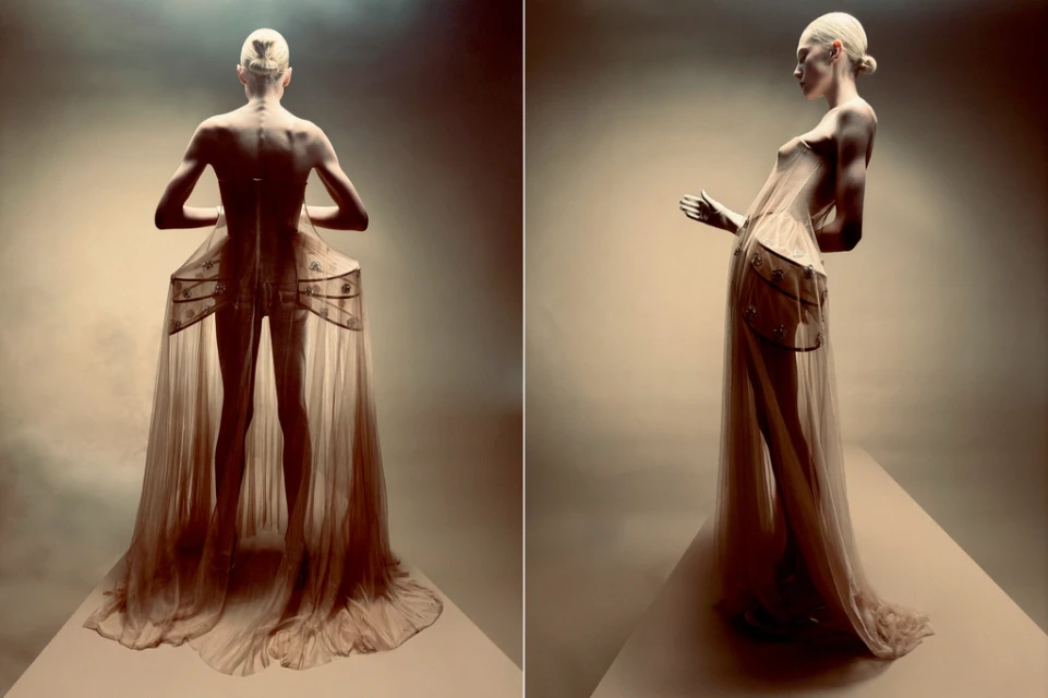 Two side-by-side studio shots of a slender adult fashion model wearing a couture sheer dress with an embellished bodice and flowing train.