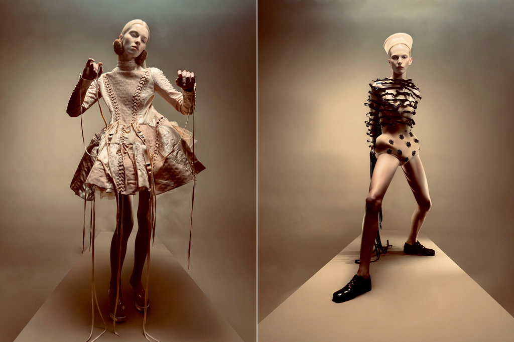 Two fashion portraits of a model in beige lighting. On the left, the model wears a dress with strings. On the right, the model wears a bodysuit.