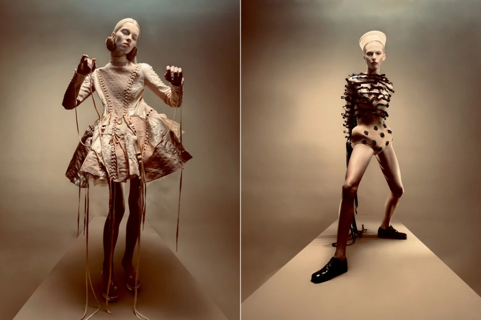 Two fashion portraits of a model in beige lighting. On the left, the model wears a dress with strings. On the right, the model wears a bodysuit.