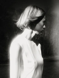 Monochrome portrait of a woman with short hair wearing a white sleeveless top in profile view.