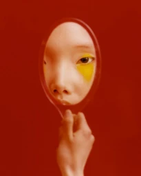 Close-up portrait of a person holding an oval hand mirror reflecting their face with bright yellow eye makeup against a solid red background