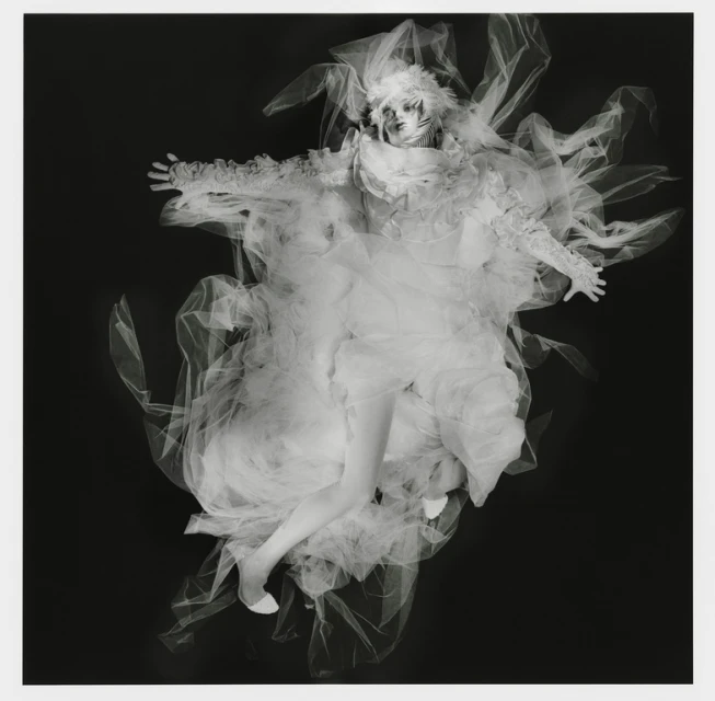 Artistic fashion portrait featuring a person in elaborate white tulle costume against a stark black background, creating a dramatic visual.