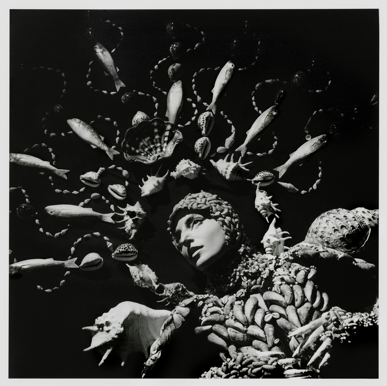 Monochrome portrait of a person adorned with seashells and fish, creating a surreal and artistic headpiece, set against a dark background.