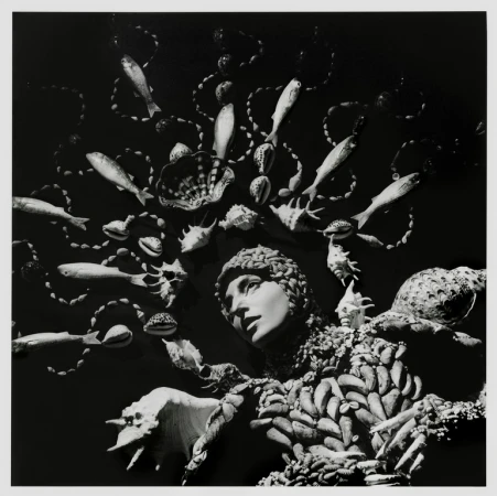 Monochrome portrait of a person adorned with seashells and fish, creating a surreal and artistic headpiece, set against a dark background.