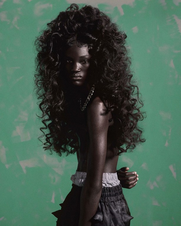 Portrait of a dark-skinned woman with large, voluminous curly black hair and a chain necklace, posing against a green backdrop with white markings.