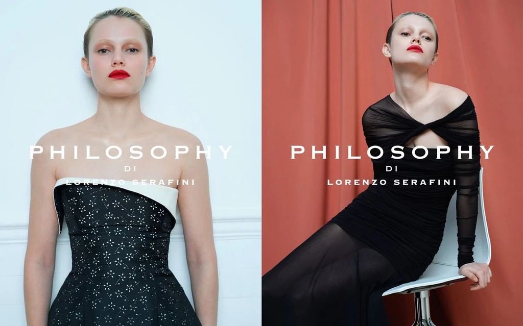 Fashion editorial featuring two adult females modeling Philosophy di Lorenzo Serafini designs in a studio setting with a salmon-colored backdrop.