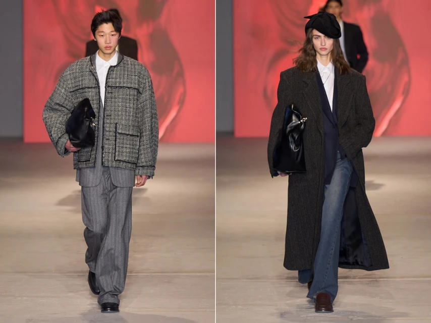 Runway models present modern oversized menswear and womenswear. A male model walks on the left; a female model appears on the right.