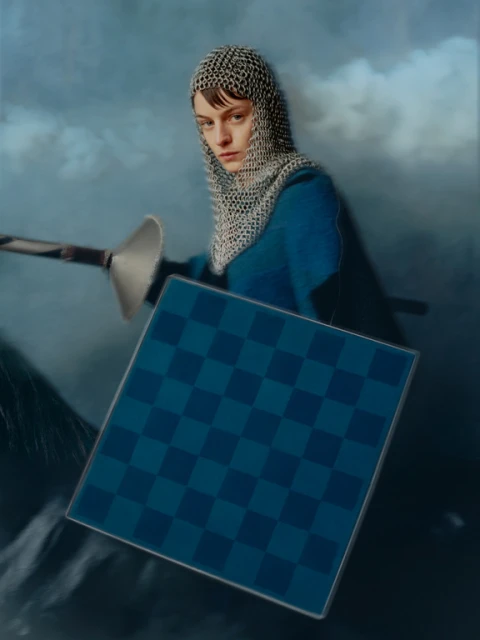 Person in a chainmail coif poses in a stylized shot with a chessboard-patterned shield and sword, set against a cloudy backdrop.