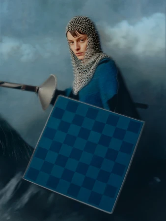 Person in a chainmail coif poses in a stylized shot with a chessboard-patterned shield and sword, set against a cloudy backdrop.