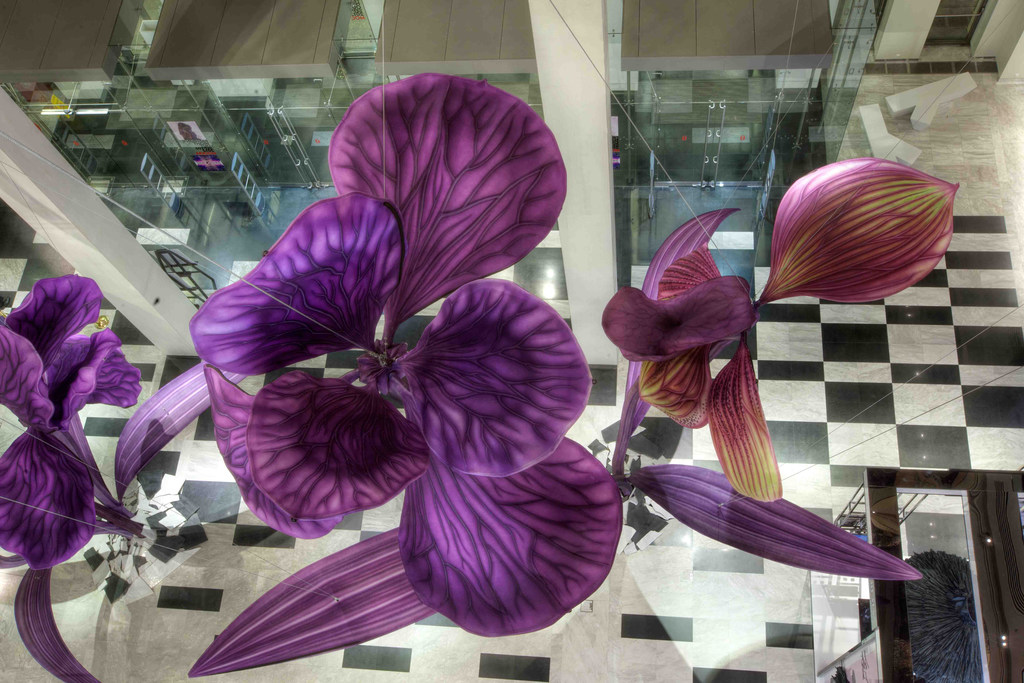 Whimsical view looking up at purple and yellow orchid flower art installation, against a glass ceiling and a black and white checkered floor.