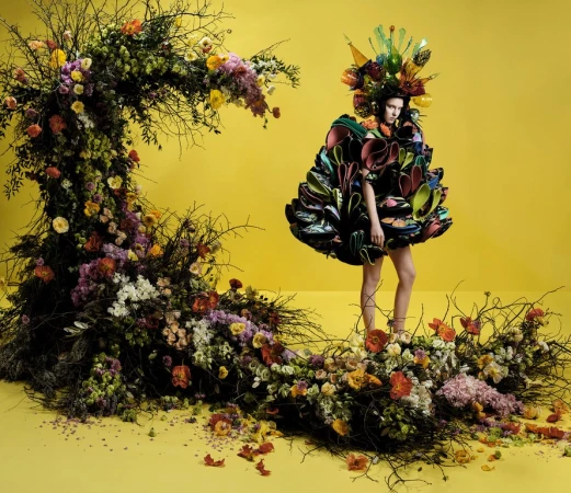 A woman in a floral dress poses in front of a yellow backdrop with a crescent-shaped floral arrangement, fashion photography.