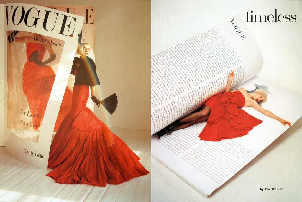 Vogue beauty editorial features a fair-skinned model wearing a red gown posing next to a large magazine cover with the same dress.