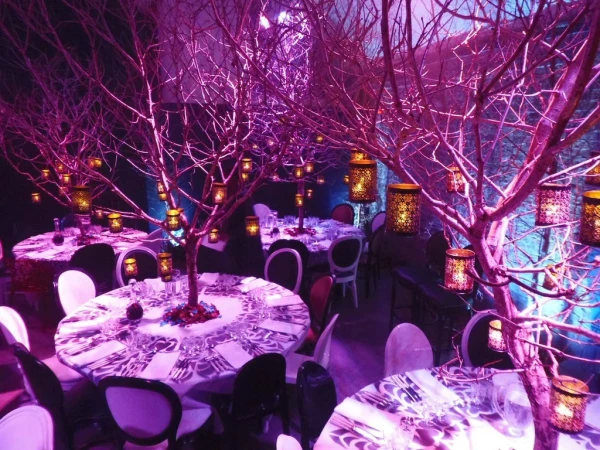 Interior scene with decorated tables, bare trees with hanging lanterns, and ambient pink-purple lighting creates a whimsical atmosphere.