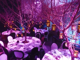 Round banquet tables set with white tablecloths and dark chairs under bare branch centerpieces hung with glowing lanterns