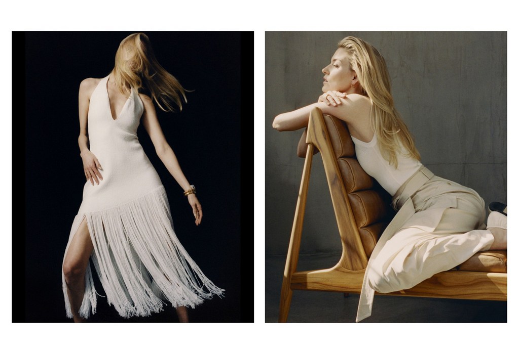 Two fashion portraits feature blonde women wearing white dresses; one posing against black and the other in a relaxed seat.