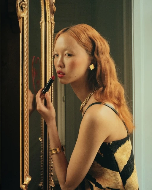 Asian woman applies red lipstick, reflected in a gilded mirror. Gold jewelry and black-and-gold dress. Indoor setting.
