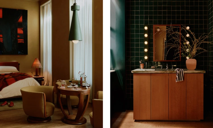 Interior design featuring a bedroom with a bed, table, and chairs, plus a bathroom vanity with a mirror and decorative vase.