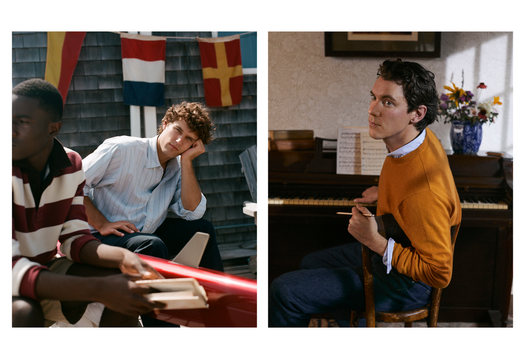 Split image features two scenes: one with two young men by flags and another with a man playing the piano in a warm interior.