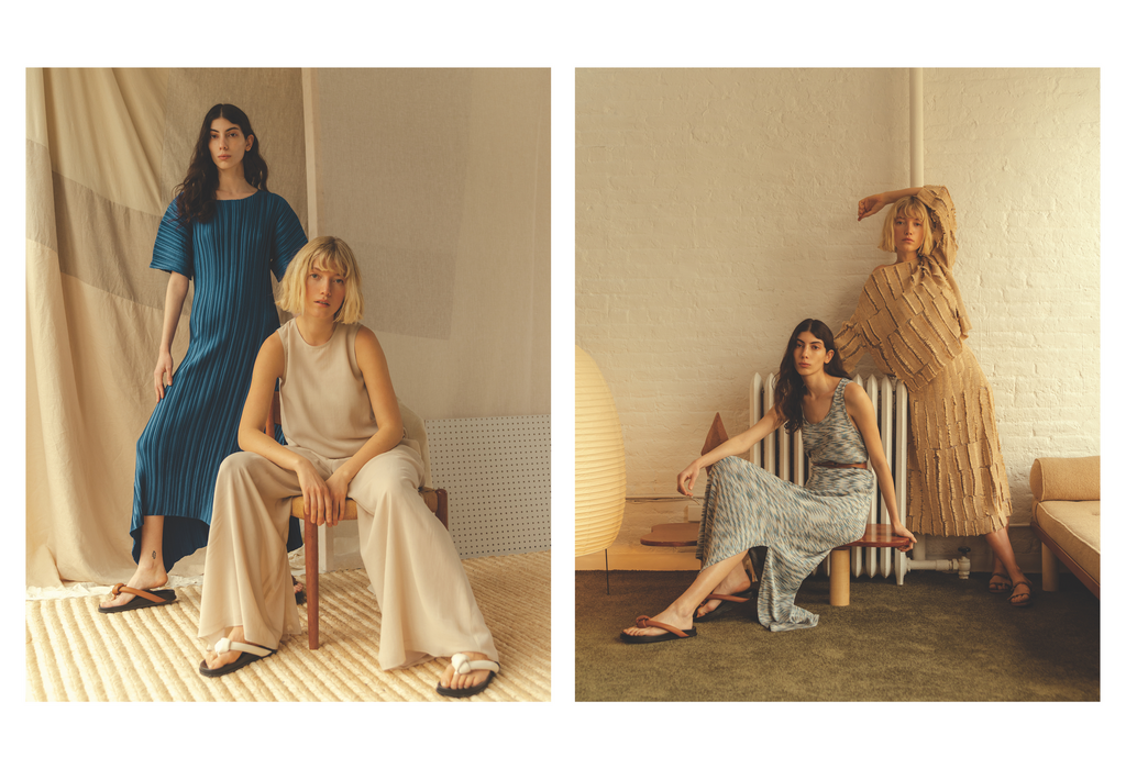 Two scenes feature women in relaxed poses modeling neutral and blue pleated-fabric clothing in indoor settings with neutral backgrounds and soft lighting.