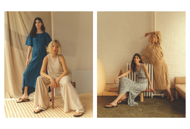 Two scenes feature women in relaxed poses modeling neutral and blue pleated-fabric clothing in indoor settings with neutral backgrounds and soft lighting.