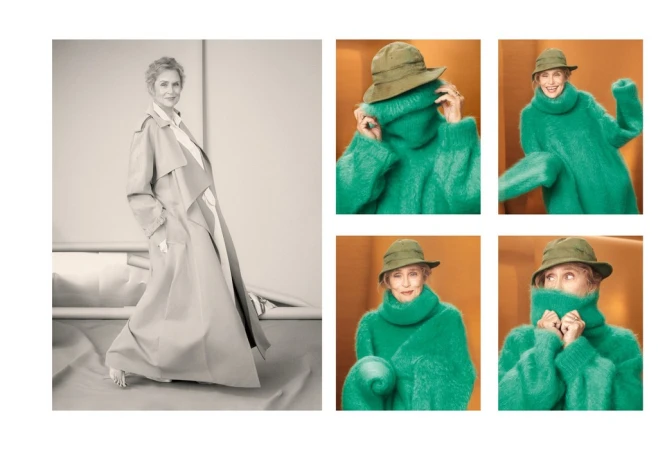 Monochrome portrait of an adult woman in a trench coat in a studio and a color montage of a woman in a green sweater and hat.