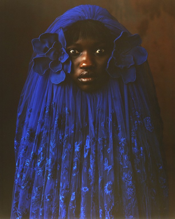 Close-up portrait of a dark-skinned woman with a blue floral veil and flower accents, soft lighting, and a dark, blurred backdrop.