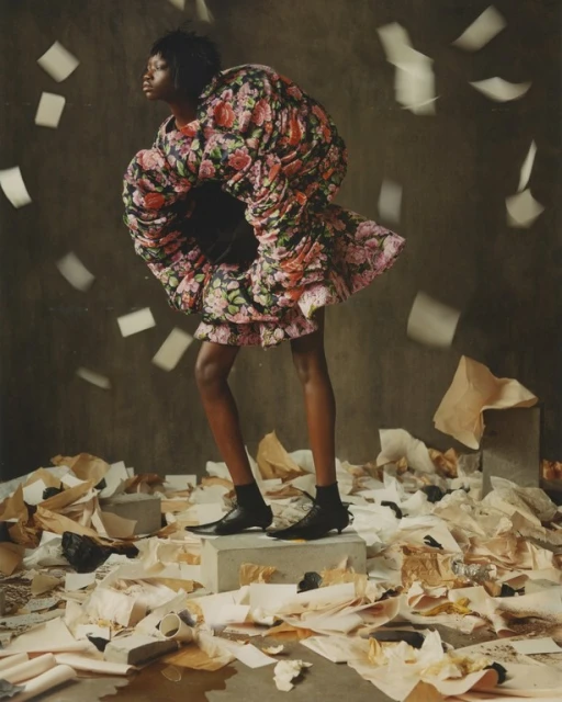 Fashion editorial shot of a Black model in a rose print, oversized dress standing on a concrete block surrounded by scattered papers.