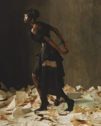 Model in black avant-garde dress posing amidst scattered paper sheets on a distressed concrete floor with set design by Alicia Sciberras