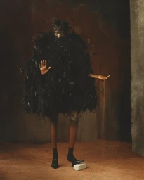 Model wearing a voluminous black feather cape with hands raised against a textured rustic brown background with sand on the floor.