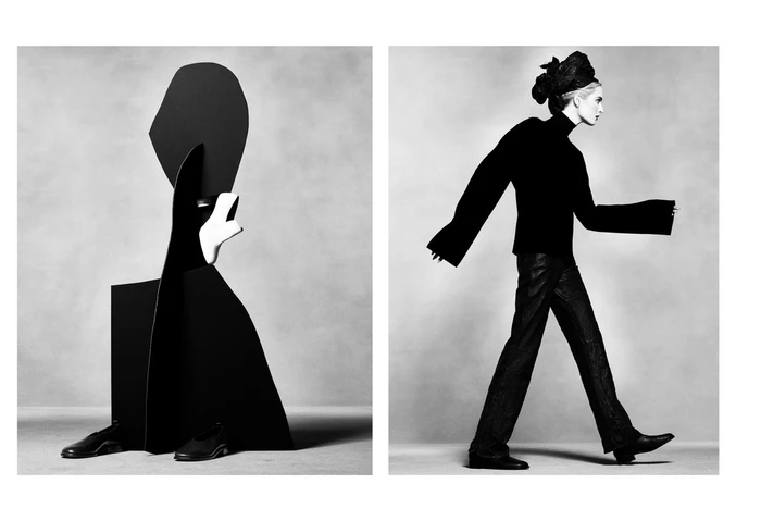 Black and white editorial diptych featuring an abstract sculptural silhouette on the left and a walking model in a black turtleneck on the right
