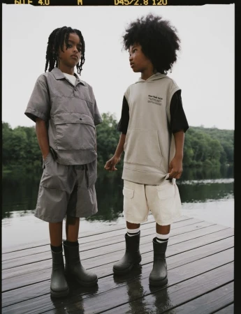Two young boys standing on a wooden dock near a lake wearing casual outerwear and boots, portraying a relaxed outdoor style for kids.