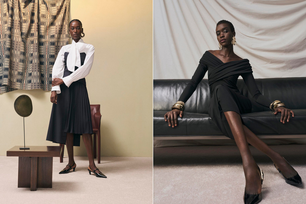 Diptych of a Black female model in two elegant outfits with set design by Caz Slattery against studio backgrounds.