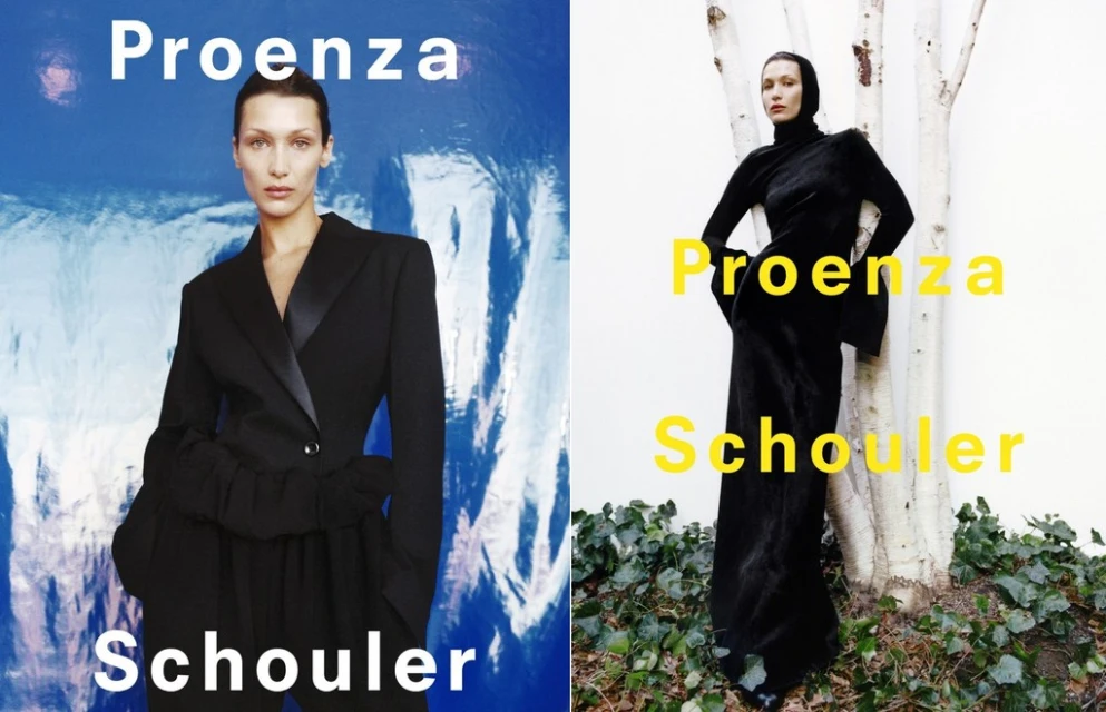 Two fashion portraits show a model in a black pantsuit against a blue textured backdrop, and a black gown against a white background.
