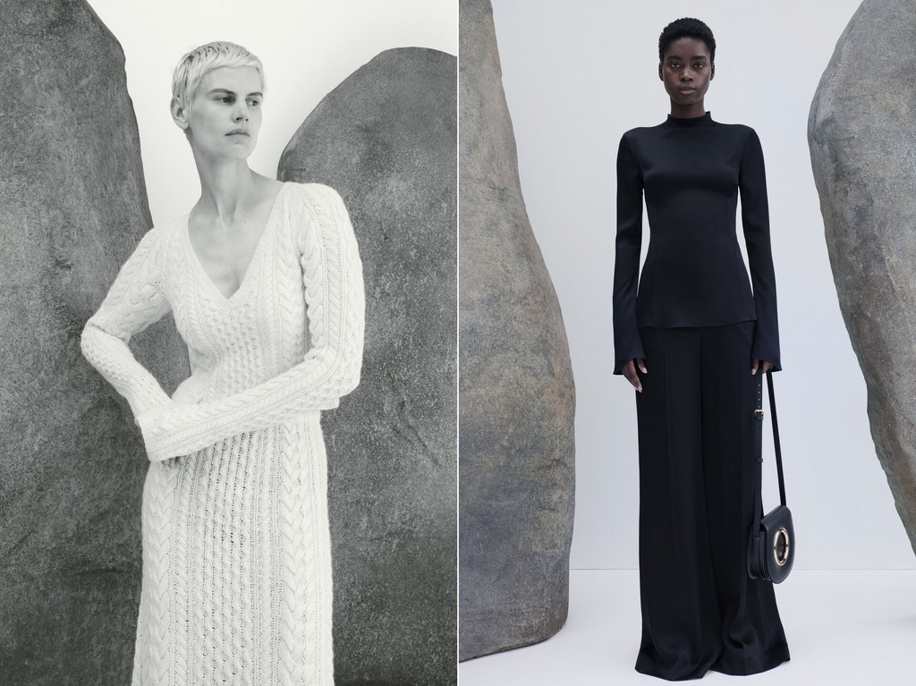 Two fashion models pose in full-length studio shots; one in a cream cable-knit dress, the other in a black top and pants, stones background.