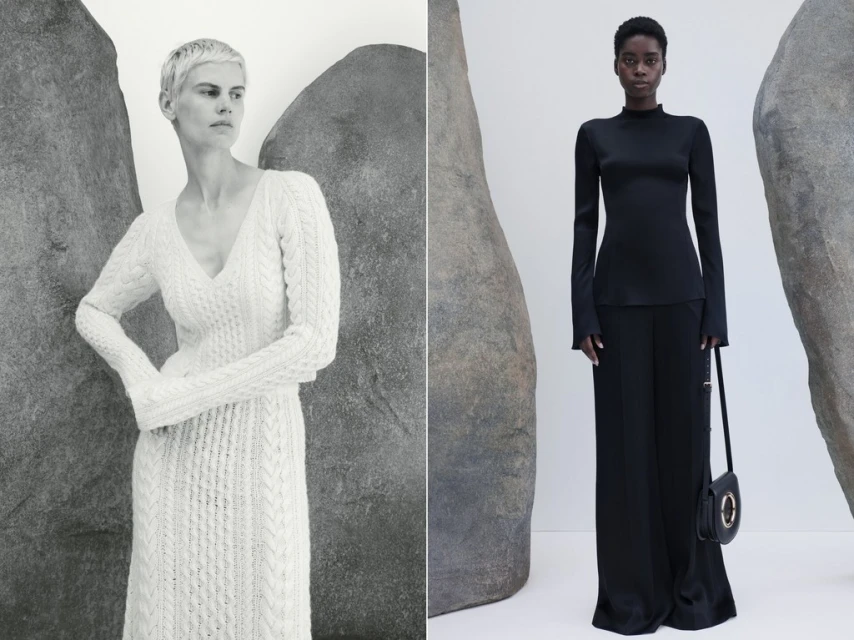 Two fashion models pose in full-length studio shots; one in a cream cable-knit dress, the other in a black top and pants, stones background.