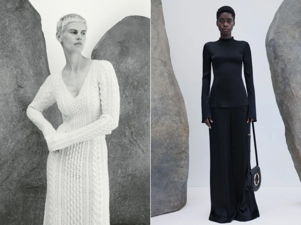 Two fashion models pose in full-length studio shots; one in a cream cable-knit dress, the other in a black top and pants, stones background.