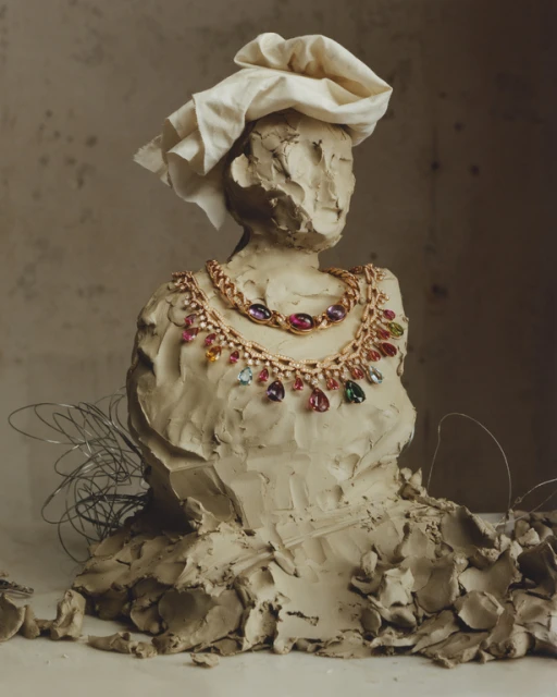 Clay sculpture of a bust with a fabric head covering and a gold chain necklace with colorful gemstones in a neutral studio setting.