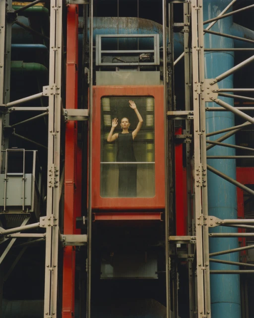 Woman stands inside a red elevator with hands raised, framed by industrial architecture with blue and green pipes and metal beams.