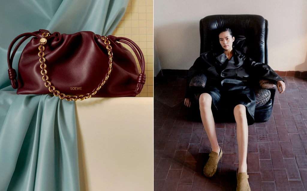Burgundy leather Loewe Goya chain handle bag on a beige surface with draped turquoise fabric; model in black leather outfit in a chair.