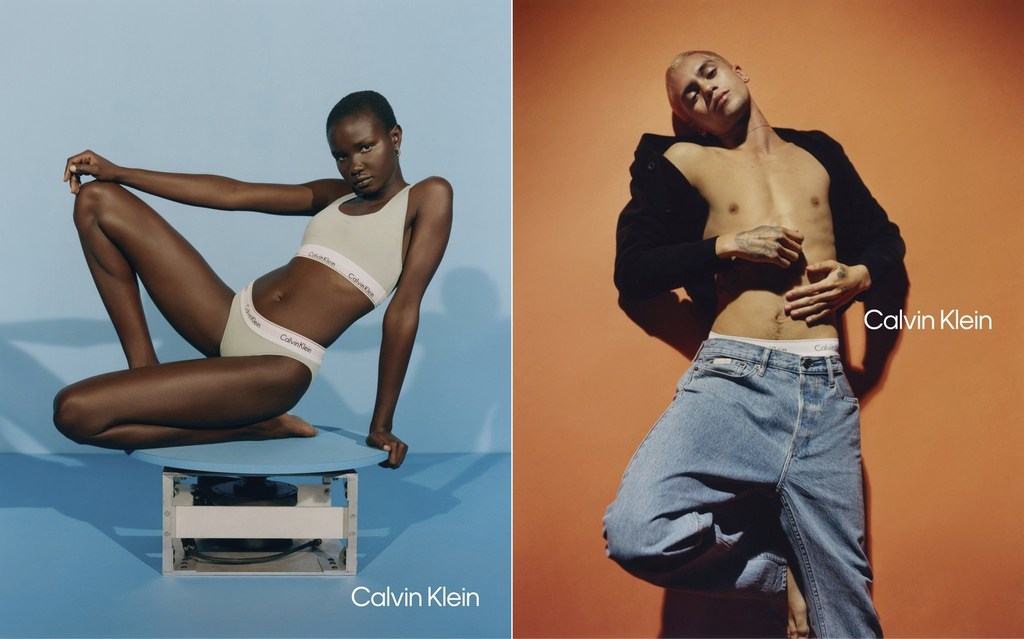 Two panels showcase Calvin Klein branded underwear: a woman in a matching set and a man in jeans and open jacket posing confidently.